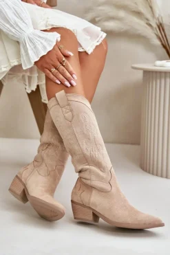 Best Boto Damskie Kozaki Kowbojki Na Niskim Obcasie Z Eko Zamszu Beżowe Ligelia