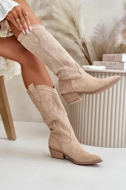 Best Boto Damskie Kozaki Kowbojki Na Niskim Obcasie Z Eko Zamszu Beżowe Ligelia