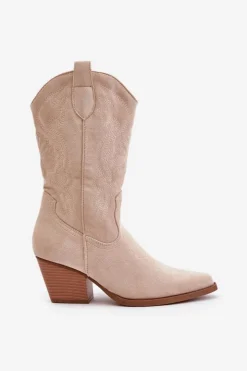 Damskie Boto Damskie Kozaki Kowbojki Na Słupku Z Eko Zamszu Jasnobeżowe Wendlis