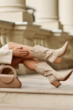 Damskie Boto Damskie Kozaki Kowbojki Na Słupku Z Eko Zamszu Jasnobeżowe Wendlis