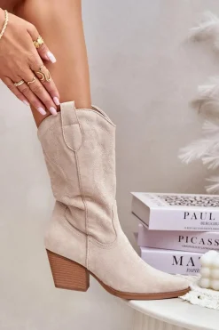 Damskie Boto Damskie Kozaki Kowbojki Na Słupku Z Eko Zamszu Jasnobeżowe Wendlis