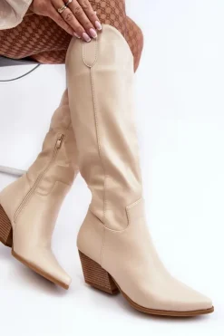 Boto Kozaki Wiosenne|Kozaki Przed Kolano*Damskie Kozaki Kowbojki Na Obcasie Jasnobeżowe Kaspella