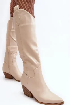 Boto Kozaki Wiosenne|Kozaki Przed Kolano*Damskie Kozaki Kowbojki Na Obcasie Jasnobeżowe Kaspella