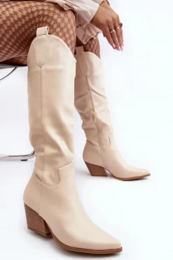 Boto Kozaki Wiosenne|Kozaki Przed Kolano*Damskie Kozaki Kowbojki Na Obcasie Jasnobeżowe Kaspella
