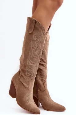 Best Boto Damskie Kozaki Kowbojki Na Obcasie Beżowe Tomani