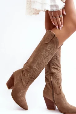 Best Boto Damskie Kozaki Kowbojki Na Obcasie Beżowe Tomani