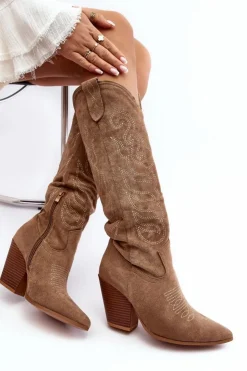 Best Boto Damskie Kozaki Kowbojki Na Obcasie Beżowe Tomani
