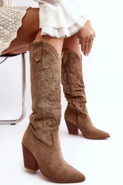 Best Boto Damskie Kozaki Kowbojki Na Obcasie Beżowe Tomani