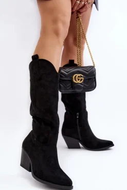 Damskie Boto Damskie Kozaki Kowbojki Na Obcasie Przed Kolano Czarne Oppore