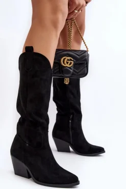 Damskie Boto Damskie Kozaki Kowbojki Na Obcasie Przed Kolano Czarne Oppore