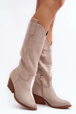 New Boto Damskie Kozaki Kowbojki Na Obcasie Przed Kolano Jasnobeżowe Oppore