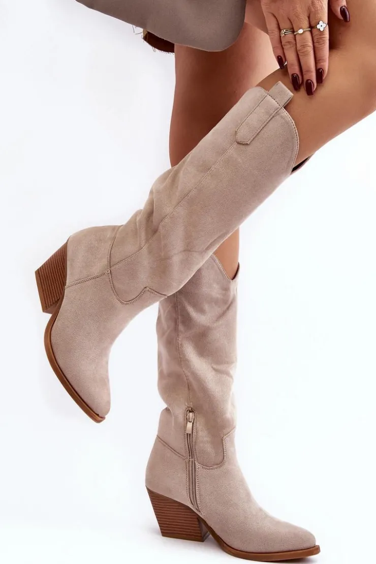 New Boto Damskie Kozaki Kowbojki Na Obcasie Przed Kolano Jasnobeżowe Oppore