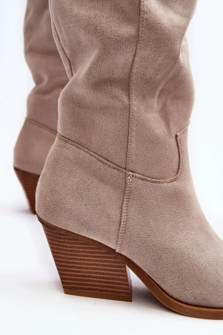 New Boto Damskie Kozaki Kowbojki Na Obcasie Przed Kolano Jasnobeżowe Oppore