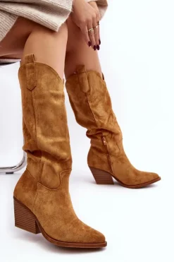 Discount Boto Damskie Kozaki Kowbojki Na Obcasie Przed Kolano Camel Oppore