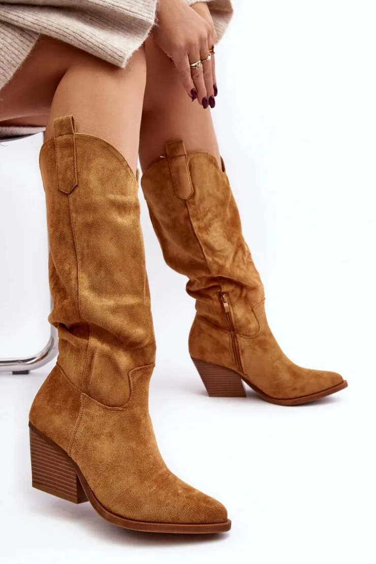 Discount Boto Damskie Kozaki Kowbojki Na Obcasie Przed Kolano Camel Oppore