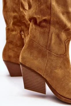 Discount Boto Damskie Kozaki Kowbojki Na Obcasie Przed Kolano Camel Oppore