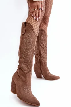 Boto Kozaki Wiosenne|Kozaki Przed Kolano*Damskie Kozaki Kowbojki Na Obcasie Ciemnobeżowe Tomani
