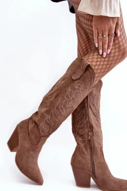 Boto Kozaki Wiosenne|Kozaki Przed Kolano*Damskie Kozaki Kowbojki Na Obcasie Ciemnobeżowe Tomani