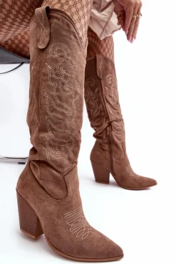 Boto Kozaki Wiosenne|Kozaki Przed Kolano*Damskie Kozaki Kowbojki Na Obcasie Ciemnobeżowe Tomani