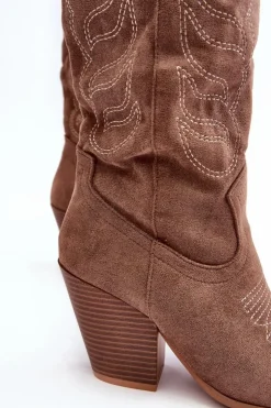 Boto Kozaki Wiosenne|Kozaki Przed Kolano*Damskie Kozaki Kowbojki Na Obcasie Ciemnobeżowe Tomani