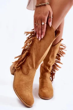 Online Boto Damskie Kozaki Kowbojki Zamszowe Z Frędzlami Camel Haddy