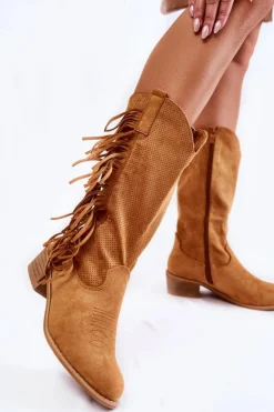 Online Boto Damskie Kozaki Kowbojki Zamszowe Z Frędzlami Camel Haddy