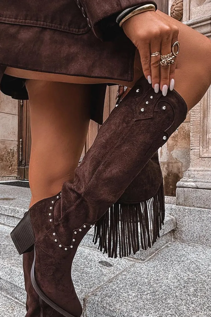 Damskie Boto Damskie Kozaki Kowbojki Ze Zdobieniem Na Słupku Czekoladowe Darella