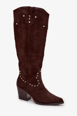 Damskie Boto Damskie Kozaki Kowbojki Ze Zdobieniem Na Słupku Czekoladowe Darella