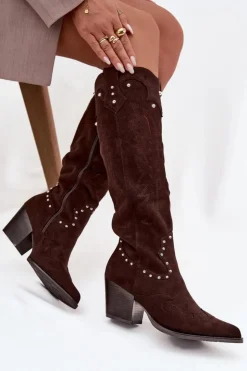 Damskie Boto Damskie Kozaki Kowbojki Ze Zdobieniem Na Słupku Czekoladowe Darella