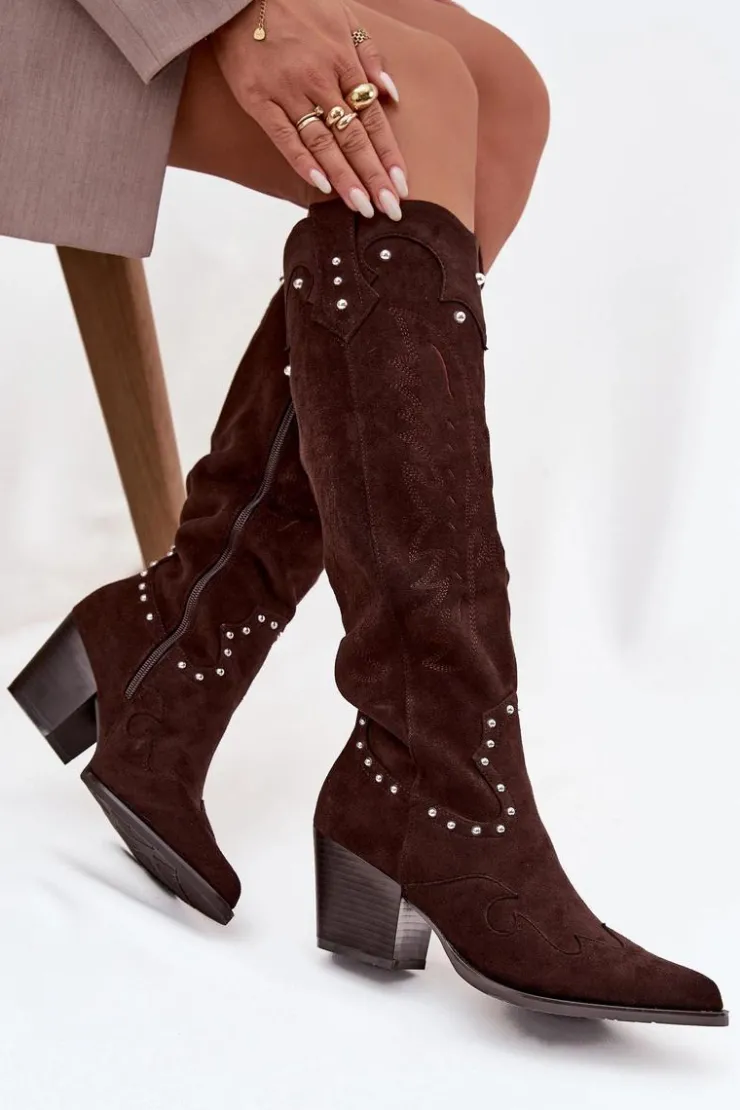 Damskie Boto Damskie Kozaki Kowbojki Ze Zdobieniem Na Słupku Czekoladowe Darella