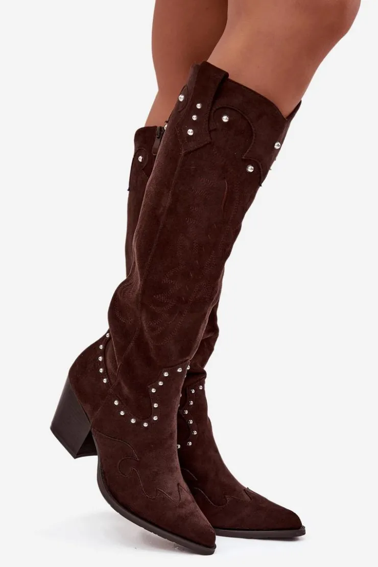 Damskie Boto Damskie Kozaki Kowbojki Ze Zdobieniem Na Słupku Czekoladowe Darella