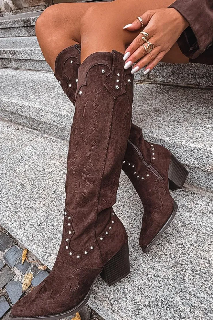 Damskie Boto Damskie Kozaki Kowbojki Ze Zdobieniem Na Słupku Czekoladowe Darella