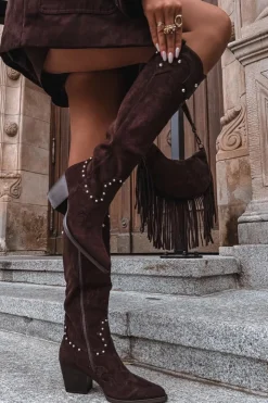 Damskie Boto Damskie Kozaki Kowbojki Ze Zdobieniem Na Słupku Czekoladowe Darella