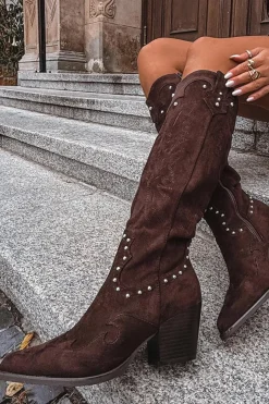 Damskie Boto Damskie Kozaki Kowbojki Ze Zdobieniem Na Słupku Czekoladowe Darella