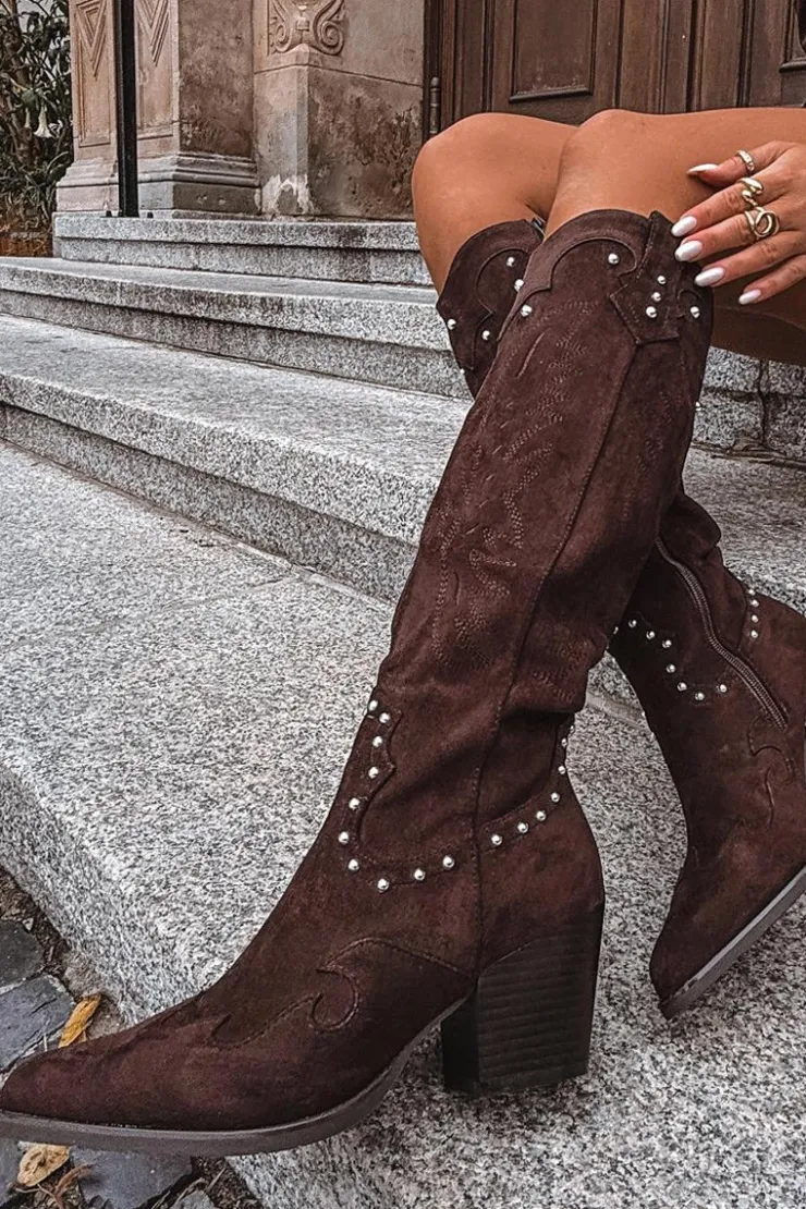 Damskie Boto Damskie Kozaki Kowbojki Ze Zdobieniem Na Słupku Czekoladowe Darella