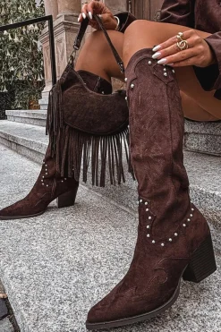 Damskie Boto Damskie Kozaki Kowbojki Ze Zdobieniem Na Słupku Czekoladowe Darella