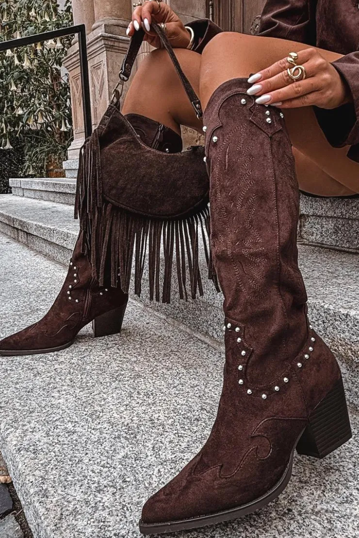 Damskie Boto Damskie Kozaki Kowbojki Ze Zdobieniem Na Słupku Czekoladowe Darella