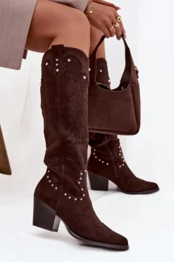 Damskie Boto Damskie Kozaki Kowbojki Ze Zdobieniem Na Słupku Czekoladowe Darella