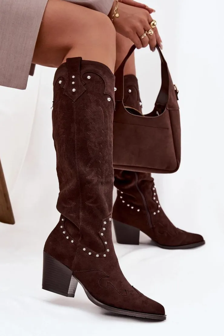 Damskie Boto Damskie Kozaki Kowbojki Ze Zdobieniem Na Słupku Czekoladowe Darella