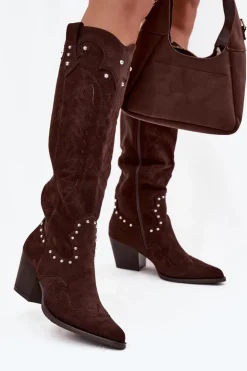 Damskie Boto Damskie Kozaki Kowbojki Ze Zdobieniem Na Słupku Czekoladowe Darella