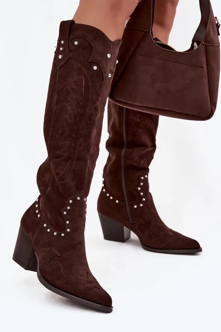 Damskie Boto Damskie Kozaki Kowbojki Ze Zdobieniem Na Słupku Czekoladowe Darella