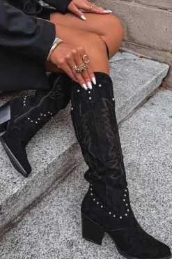 Clearance Boto Damskie Kozaki Kowbojki Ze Zdobieniem Na Słupku Czarne Darella Czarny