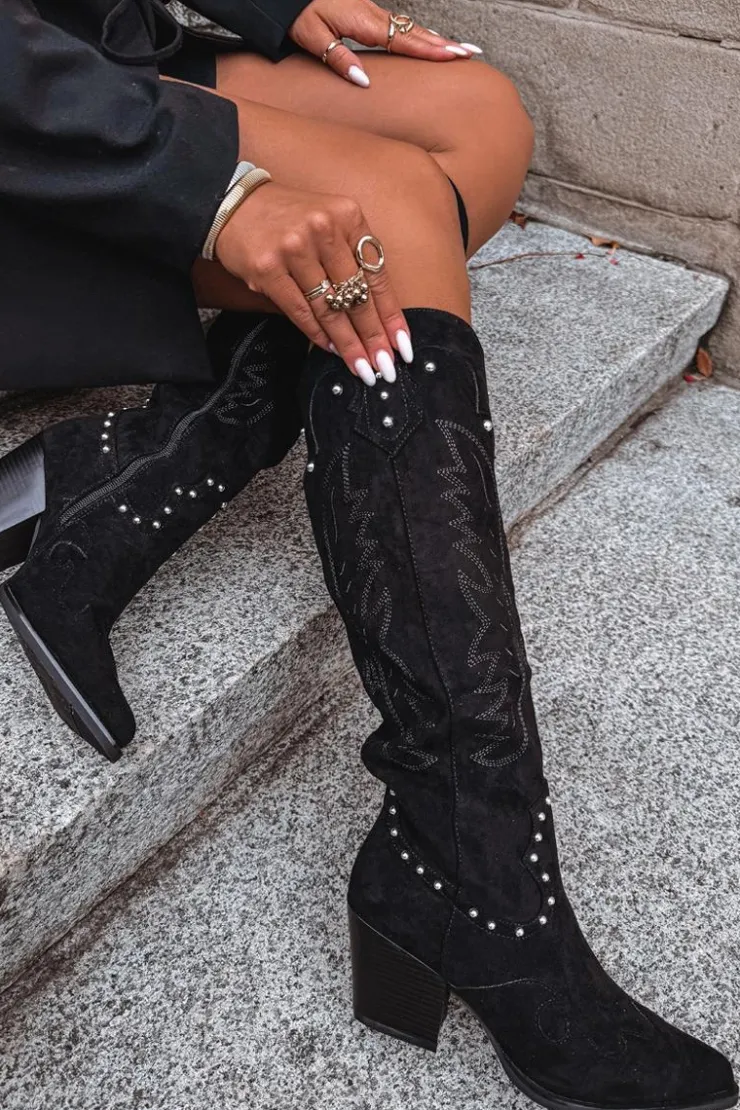 Clearance Boto Damskie Kozaki Kowbojki Ze Zdobieniem Na Słupku Czarne Darella Czarny