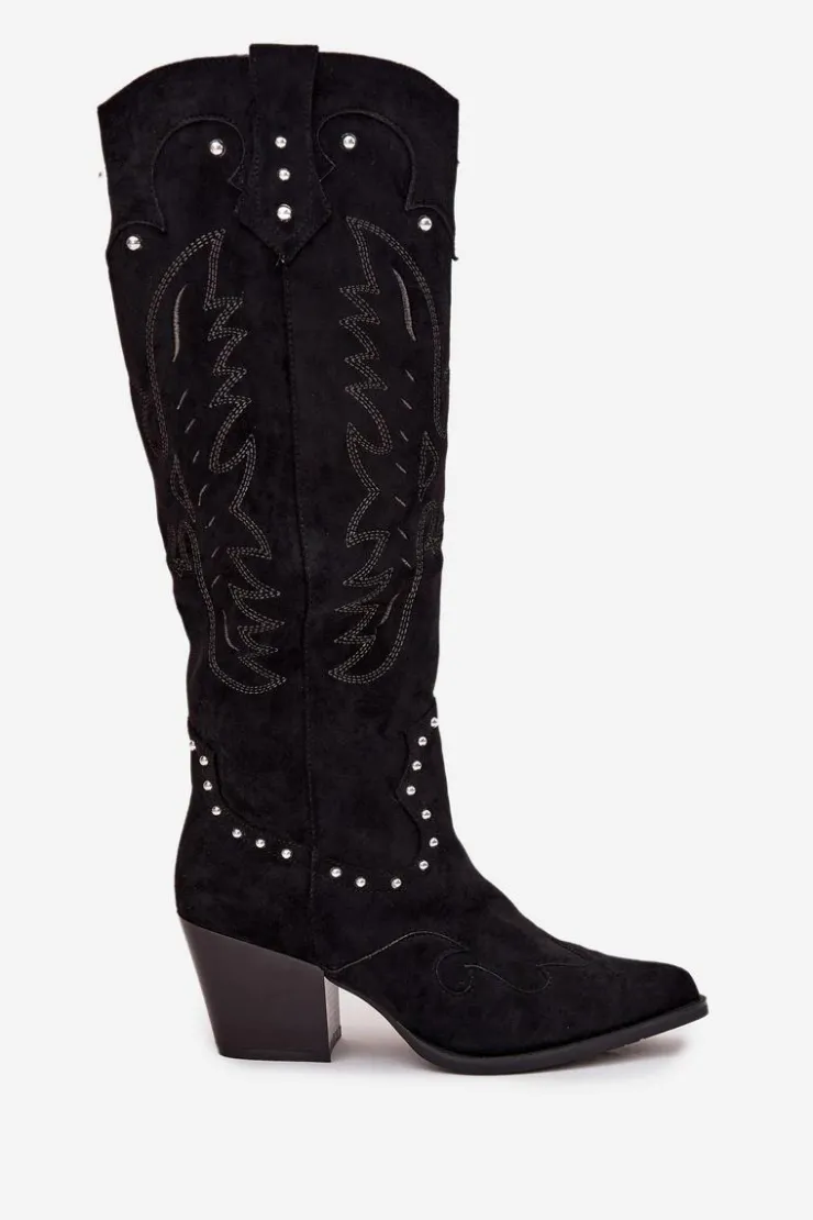 Clearance Boto Damskie Kozaki Kowbojki Ze Zdobieniem Na Słupku Czarne Darella Czarny