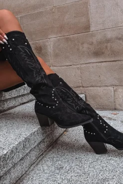 Clearance Boto Damskie Kozaki Kowbojki Ze Zdobieniem Na Słupku Czarne Darella Czarny