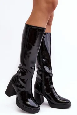 Damskie Boto Damskie Kozaki Lakierowane Na Słupku Czarne Efatina