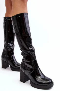 Damskie Boto Damskie Kozaki Lakierowane Na Słupku Czarne Efatina