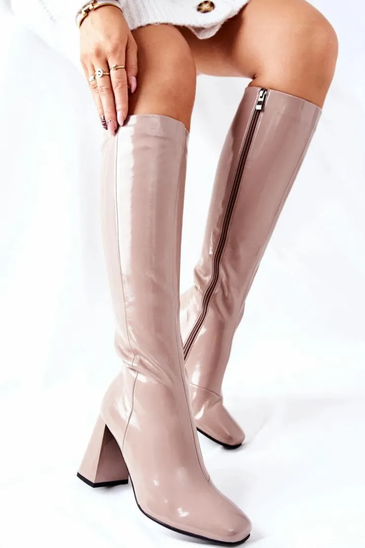 Clearance Damskie buty S.Barski Damskie Kozaki Lakierowane Beżowe Meteris