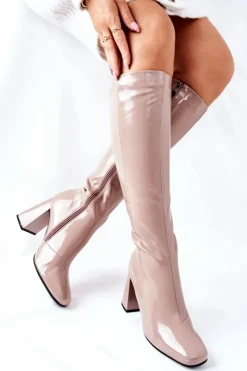 Clearance Damskie buty S.Barski Damskie Kozaki Lakierowane Beżowe Meteris