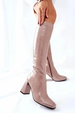 Clearance Damskie buty S.Barski Damskie Kozaki Lakierowane Beżowe Meteris